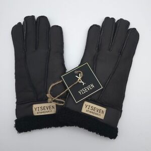 YISEVEN New Women Black Sheepskin Leather Gloves 100% Wool Lined Winter Warm M